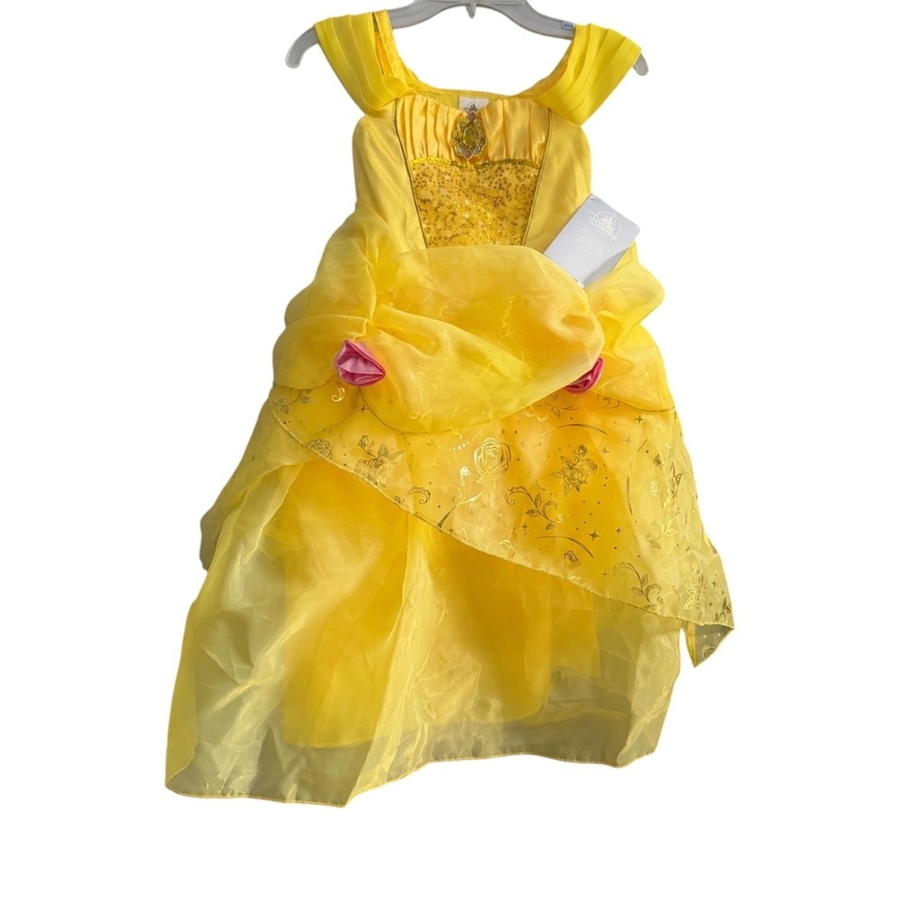 Disney Belle Costume Dress Girls Size 5/6 Yellow Sequin Rose Princess Gown NWT